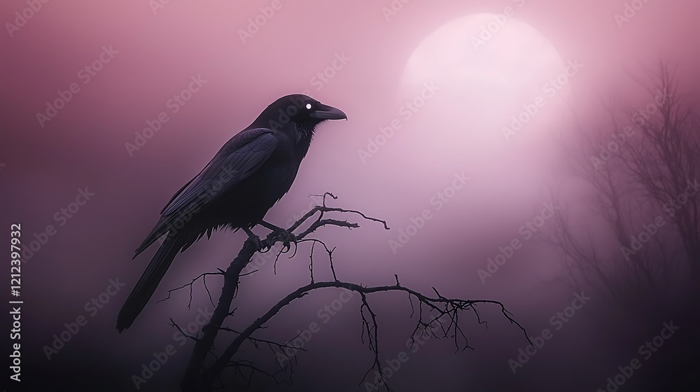 Fototapeta premium Raven perched on branch, misty twilight, full moon. Halloween, gothic art