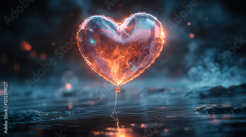 A fiery, shiny heart balloon floats in a dark, smoky, sparkling space