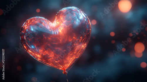 A fiery, shiny heart balloon floats in a dark, smoky, sparkling space