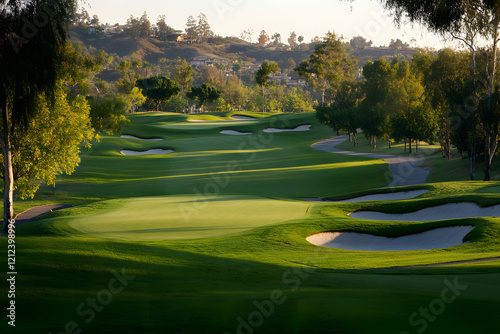 Beautiful golf course with green grass and sand traps at sunset