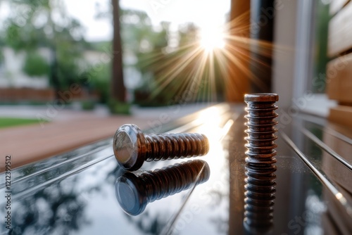 Two shiny screws are positioned on a reflective surface, capturing the beautiful sunset glow in the background, symbolizing resilience and modernity in engineering.