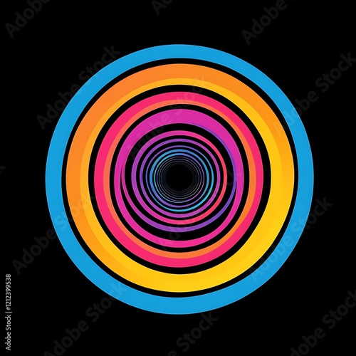 Abstract concentric circles design, vibrant colors, black background, graphic element, digital art photo