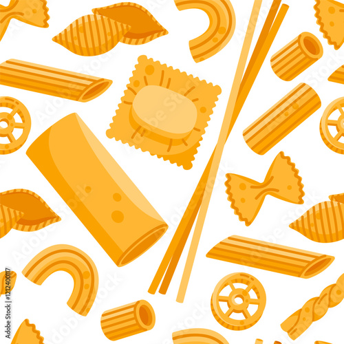 Seamless pattern of different pasta types. Farfalle, ditalini, macaroni, penne, spaghetti, lasagne. Dry Italian food collection. Vector illustration in cartoon style. Isolated white background