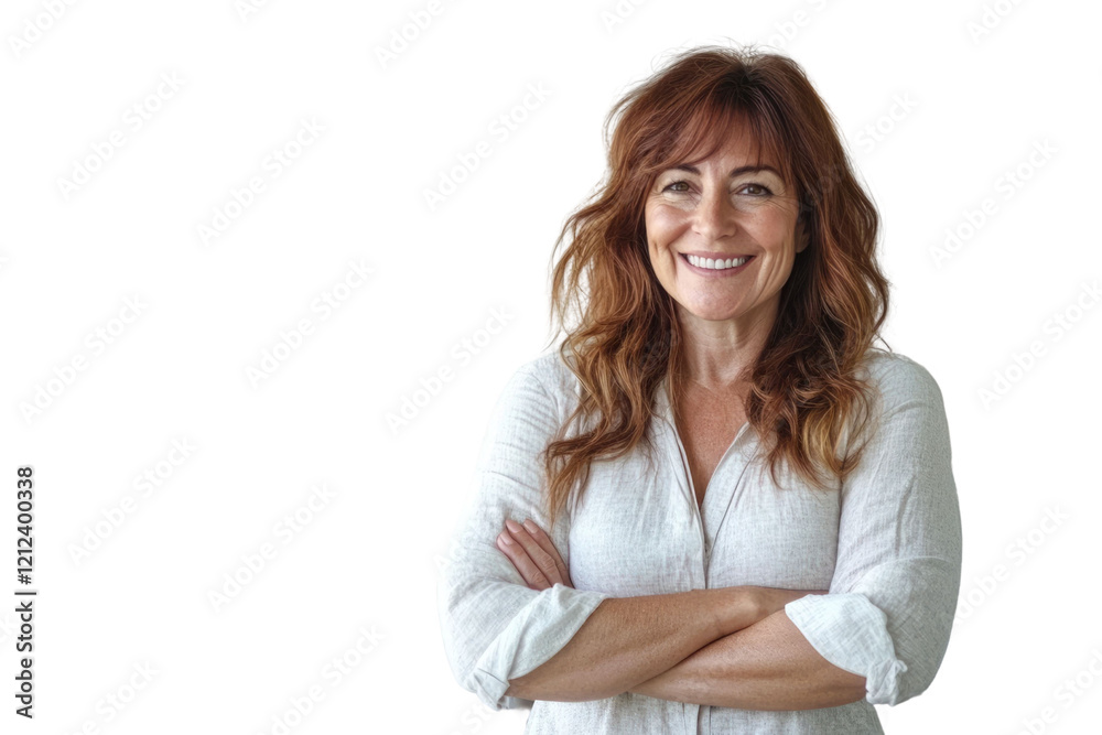 Portrait of 50 years old smiling woman looking at camera with crossed arms. Happy girl standing in creative office. Successful businesswoman standing in white background Portrait of 50 years old smiling woman looking at camera with crossed arms. Happy girl standing in creative office. Successful businesswoman standing in white background