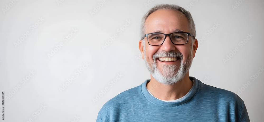 a smiling senior man with gray hair and a beard, wearing a blue sweatshirt and glasses, against a white background a smiling senior man with gray hair and a beard, wearing a blue sweatshirt and glasses, against a white background