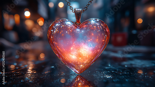 A glowing, clear heart pendant with a fiery galaxy inside, hanging on a delicate chain