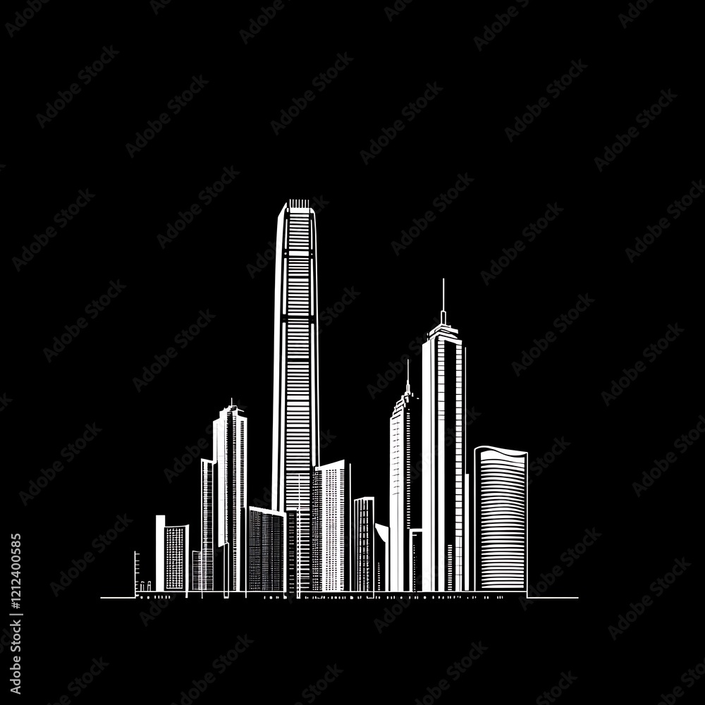 Obraz premium City skyline sketch, modern architecture, urban scene, black and white, graphic design