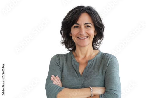 Portrait of 50 years old smiling woman looking at camera with crossed arms. Happy girl standing in creative office. Successful businesswoman standing in white background	