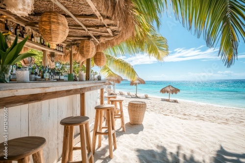 A peaceful beach bar in Zakynthos  with wooden stools and tables set on the sand under swaying palm trees