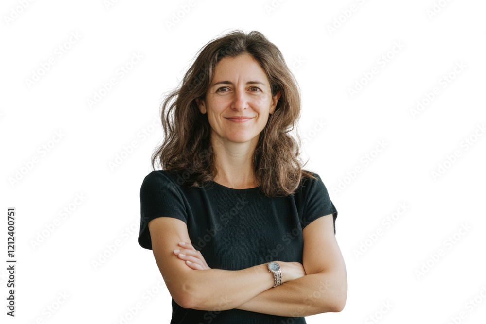 Fototapeta premium Portrait of 50 years old smiling woman looking at camera with crossed arms. Happy girl standing in creative office. Successful businesswoman standing in white background 