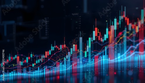 3D Financial Candlestick Charts with Buy and Sell Buttons Highlighting Business Trends and Market Insights for Trading Professionals Business