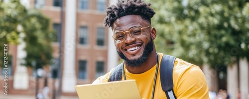 Research and Campaign Bridging the Gap Through Knowledge, Witness firsthand how research funding fuels innovation and positive change, showcased by a happy individual with a laptop, illustrating photo