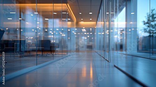 Reflections of warm lights dance on a pristine floor as a contemporary office space reveals its spacious layout