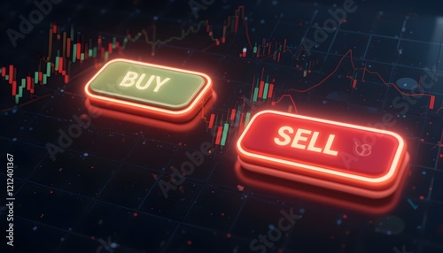 3D Financial Candlestick Charts with Buy and Sell Buttons Highlighting Business Trends and Market Insights for Trading Professionals Business