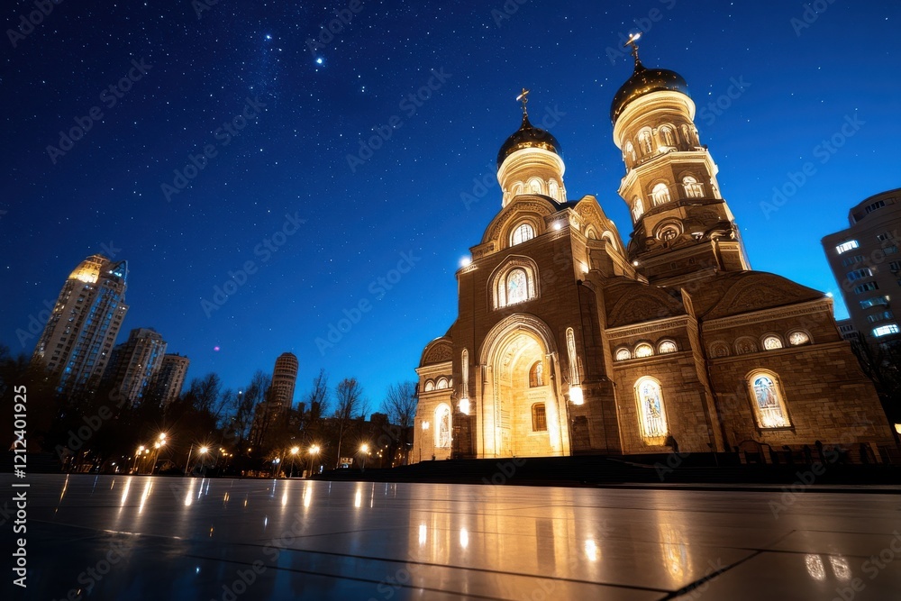 Fototapeta premium An awe-inspiring view of a beautifully illuminated church under a starry night sky, highlighting its architectural details and providing a sense of wonder and peace.
