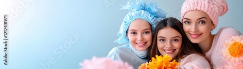 Three people wearing pink and blue hats and holding artificial flowers, Cancer Advocacy, Fundraising, and Advocacy A motivated team hosting a telethon to fund new treatments and amplify their message