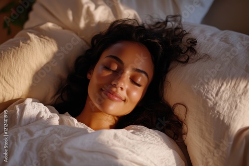 A radiant moment of a woman with curly hair peacefully dreaming, wrapped in cozy blankets that highlight her natural beauty and the tranquility of restfulness. photo