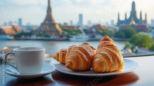 Morning coffee in Bangkok with a beautiful view of the temples along the Chao Phraya River