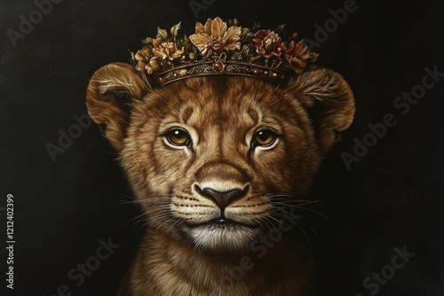 Lion cub portrait wearing a floral crown. Majestic and regal, this young lion embodies power and grace. photo