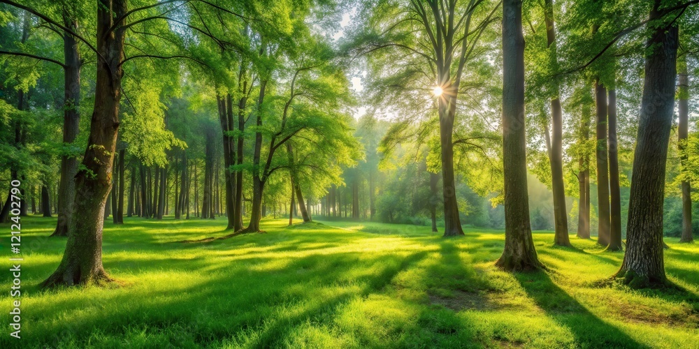 Naklejka premium A serene forest scene with towering trees, dappled shade, and a carpet of soft grass