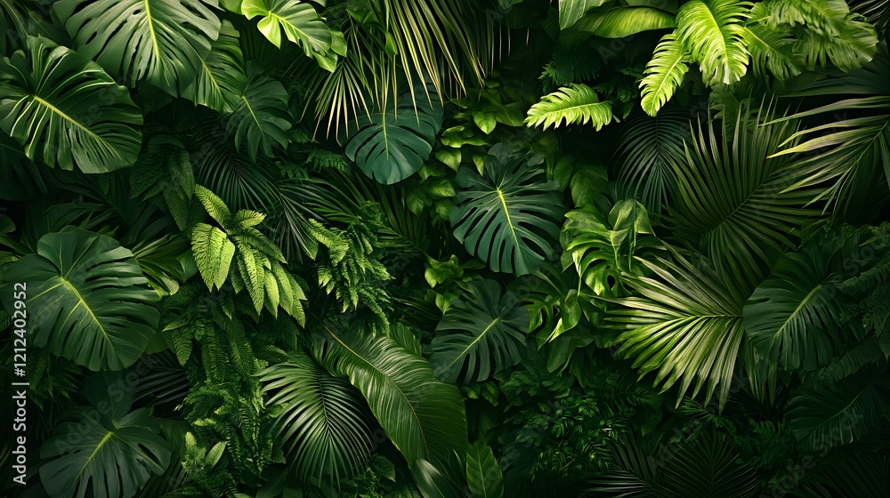 Fototapeta premium Lush green foliage tropical forest nature photography vibrant environment top-down view serenity and growth