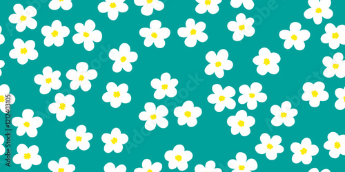 Hand drawn small white daisy flower seamless pattern with teal color in the background. design for fabric, textile, covers, gift wrap, wallpaper.