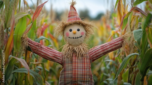 An autumn scarecrow stands proudly in a cornfield, dressed in plaid and straw, surrounded by golden cornstalks swaying gently in the crisp fall breeze. photo