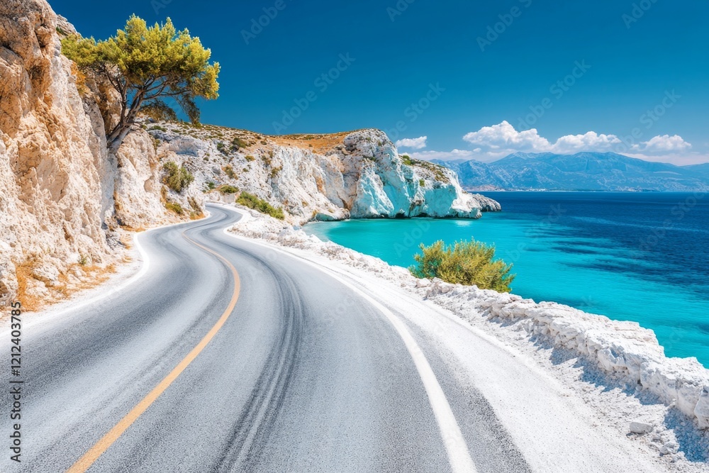 A scenic drive along a coastal road in Zakynthos, with dramatic views of cliffs and beaches below A scenic drive along a coastal road in Zakynthos, with dramatic views of cliffs and beaches below