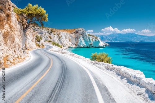 A scenic drive along a coastal road in Zakynthos, with dramatic views of cliffs and beaches below