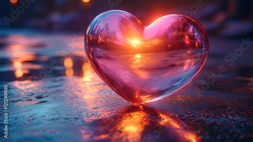 A glossy, metallic heart glows with warm reflections, sitting on a reflective, cool-toned surface
