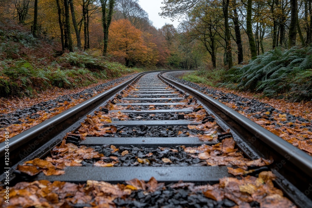 A mesmerizing perspective of winding railway tracks cloaked in autumn leaves, capturing the essence of seasonal change and the beauty of nature. A mesmerizing perspective of winding railway tracks cloaked in autumn leaves, capturing the essence of seasonal change and the beauty of nature.