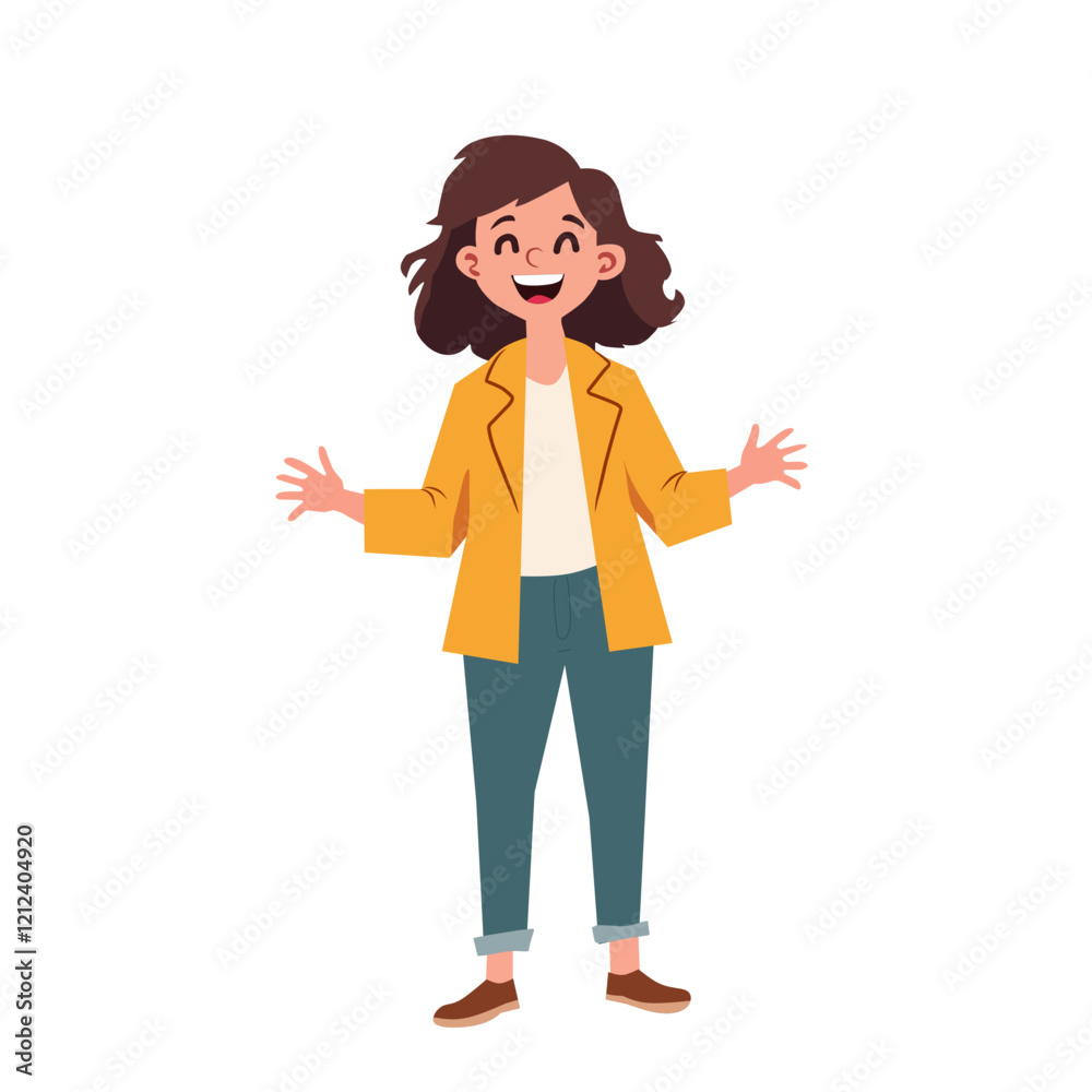 illustration of a cheerful young woman with short hair, wearing a yellow jacket, white shirt, and jeans, standing with open arms. Perfect for happiness or lifestyle themes illustration of a cheerful young woman with short hair, wearing a yellow jacket, white shirt, and jeans, standing with open arms. Perfect for happiness or lifestyle themes
