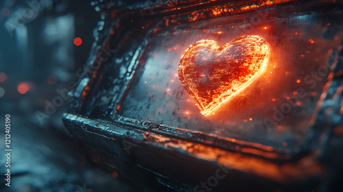 A bright, fiery heart glows on a dark, textured metal surface with warm lights behind it