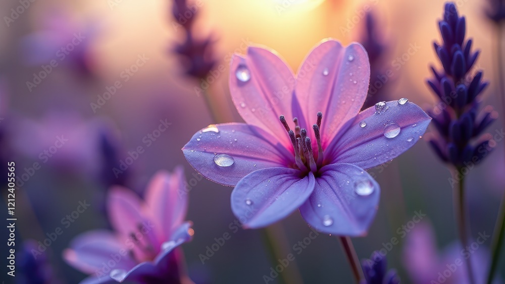 Close-up of a purple flower with dew drops in sunlight Close-up of a purple flower with dew drops in sunlight