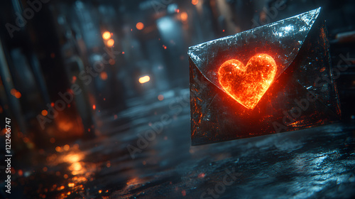 A shiny, heart symbol shines on a dark envelope, with a bright, fiery background