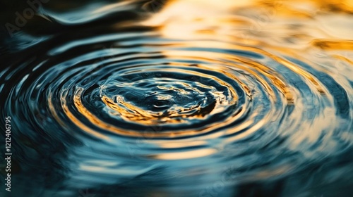 A close-up of ripples in water, with the focus on one ripple centered and surrounded by blurred waves. The background is a soft blue color with golden light reflecting off it.  photo