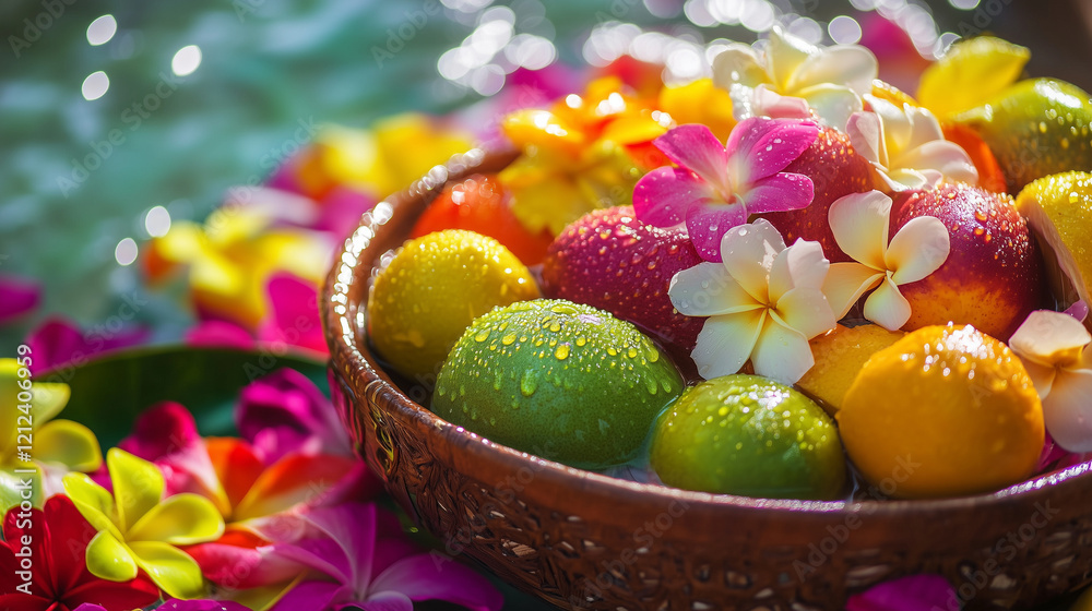 Fresh tropical fruits with water droplets, surrounded by colorful petals, celebrating Thai Songkran Festival's vibrant and festive spirit. Fresh tropical fruits with water droplets, surrounded by colorful petals, celebrating Thai Songkran Festival's vibrant and festive spirit.