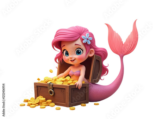 Cute Young Cartoon Mermaid with Long Blue Ocean Tail in 3D