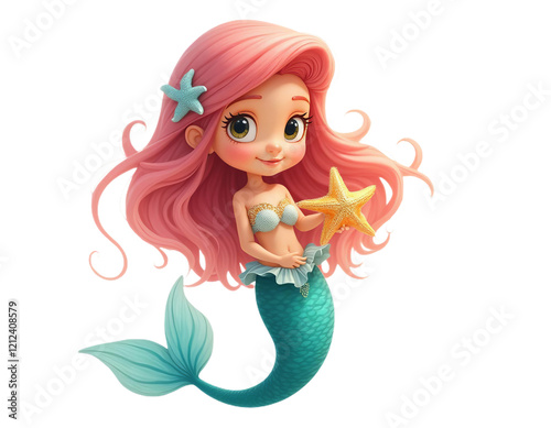 Cute Young Cartoon Mermaid with Long Blue Ocean Tail in 3D