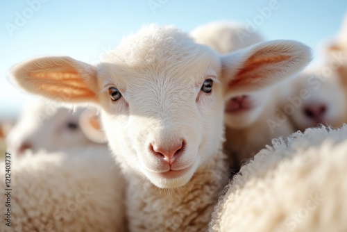 A close image captures the curious expression of a baby sheep, showcasing its soft wool and innocent demeanor in a natural setting. photo