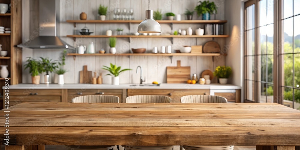 A beautifully set dining table sits empty on a blurred background of a kitchen window, showcasing rustic wooden shelves in the foreground and natural textures , dining area, background blur A beautifully set dining table sits empty on a blurred background of a kitchen window, showcasing rustic wooden shelves in the foreground and natural textures , dining area, background blur
