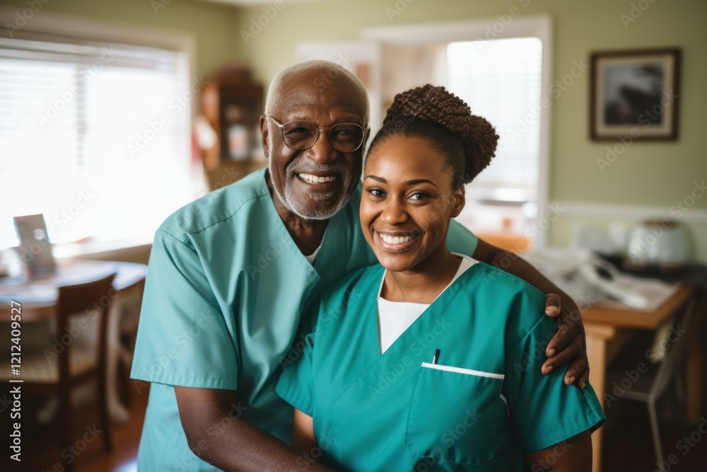 Obraz premium Happy senior man and his nurse smiling and embracing at home