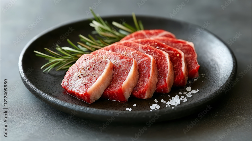 Freshly sliced ribeye steak arranged on black plate with rosemary and salt, showcasing rich marbling and vibrant color. Perfect for culinary presentations and gourmet dishes Freshly sliced ribeye steak arranged on black plate with rosemary and salt, showcasing rich marbling and vibrant color. Perfect for culinary presentations and gourmet dishes