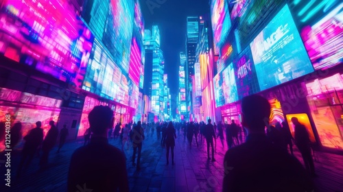 Vibrant Neon Cityscape at Night Crowd of Silhouettes