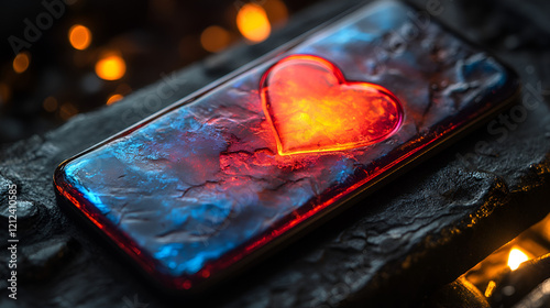 A glowing heart on a smartphone screen shows love, technology, warmth, emotion, fire, and connection