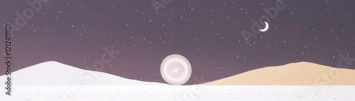 A serene landscape showcasing hills and a crescent moon.