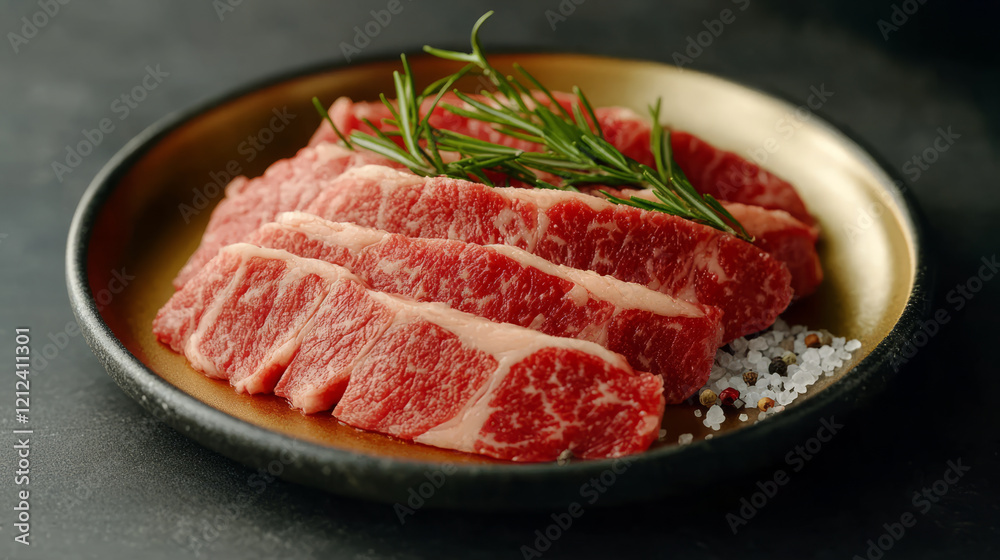 Fresh raw beef steaks arranged on plate with herbs and salt, showcasing marbling and texture. Perfect for culinary presentations and gourmet dishes Fresh raw beef steaks arranged on plate with herbs and salt, showcasing marbling and texture. Perfect for culinary presentations and gourmet dishes