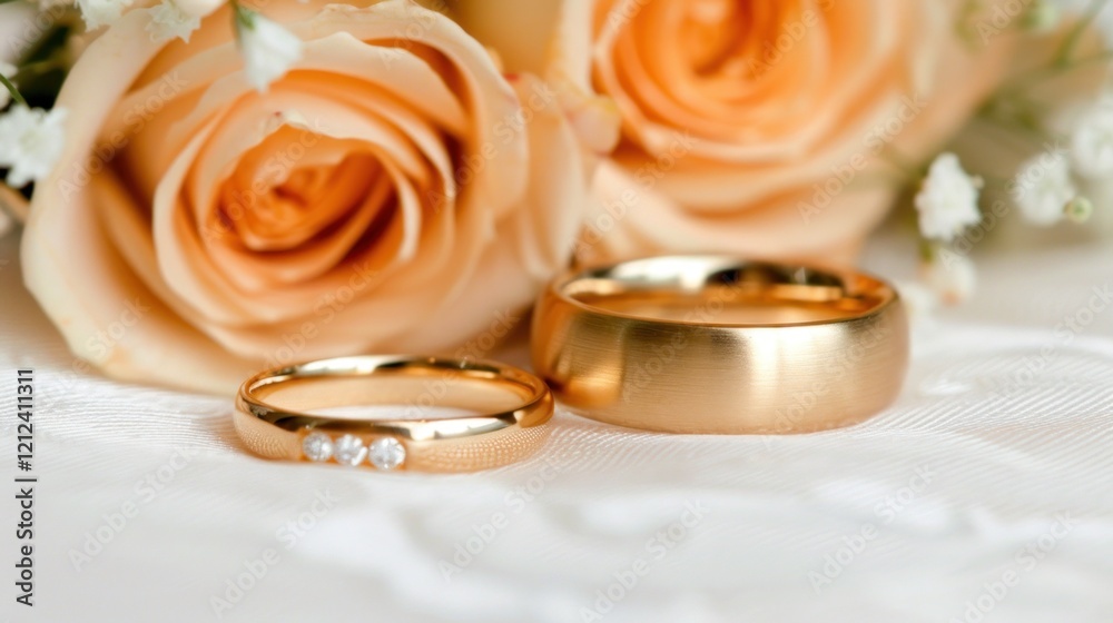 Wedding Rings with Soft Peach Roses in the Background, Symbolizing Love, Commitment, and Romance Perfect for Celebrating Special Occasions and Anniversaries Wedding Rings with Soft Peach Roses in the Background, Symbolizing Love, Commitment, and Romance Perfect for Celebrating Special Occasions and Anniversaries