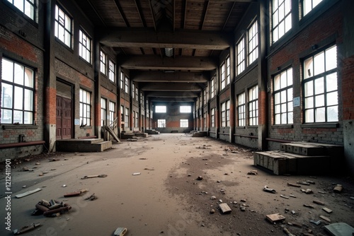 Abandoned Industrial Warehouse Interior with Dusty Floor, Crumbling Bricks, and Large Windows Illuminating the Empty Space