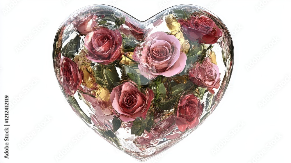 Fototapeta premium A crystal heart filled with blooming roses, fantasy art, 3D rendering, transparent textures, isolated on white background 